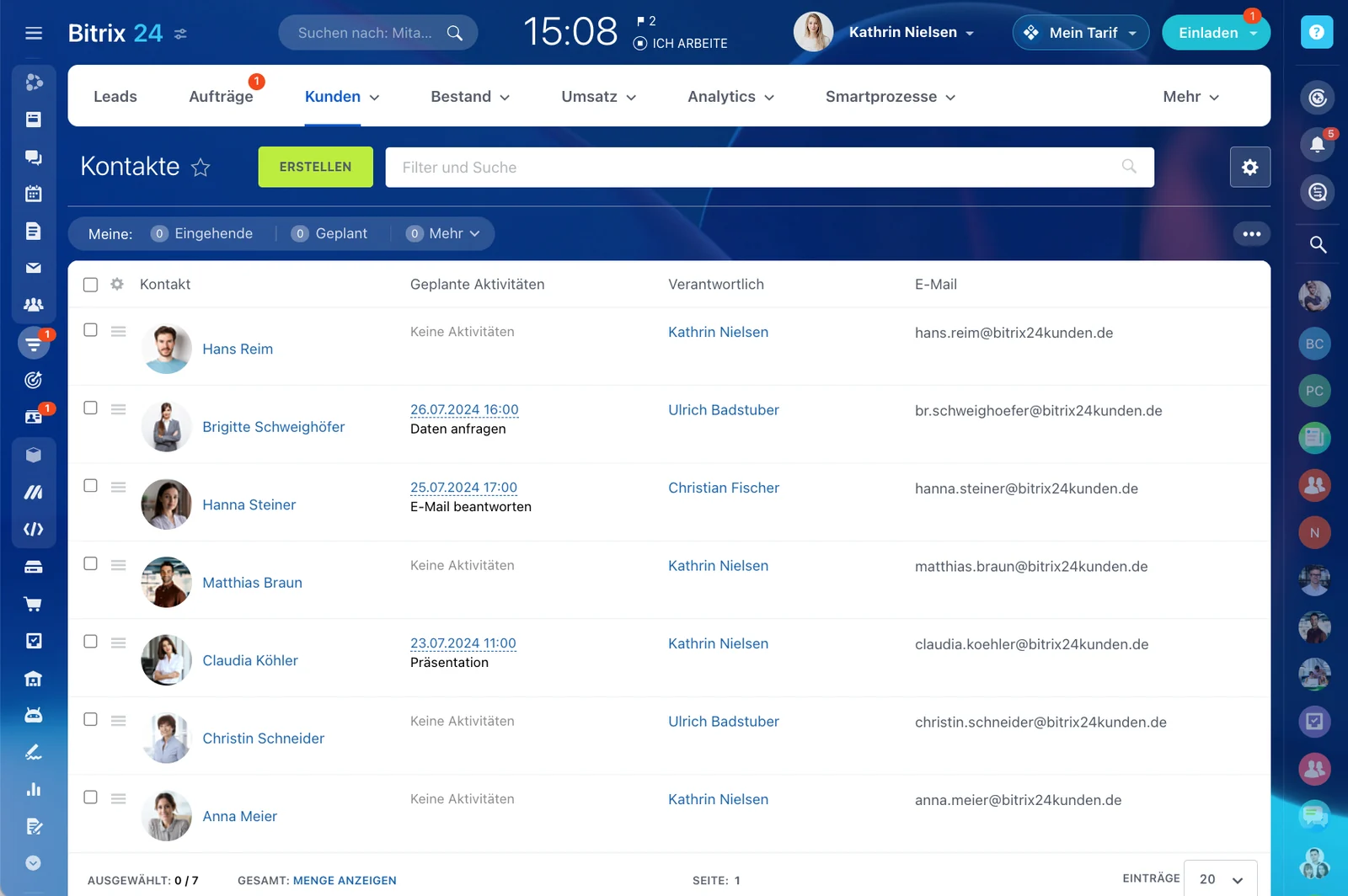 Kundenakten mit Verantwortlichem und geplanten Aktivitäten in Bitrix24
